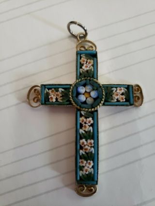 Vintage Micro Mosaic 2 1/4” Cross Necklace Pendent