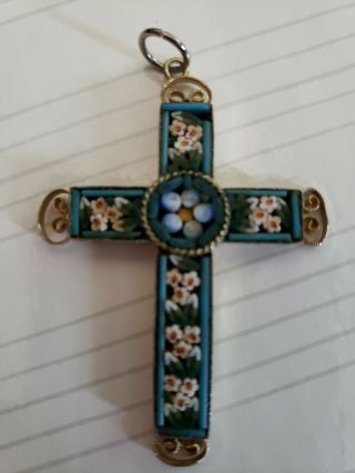 VINTAGE MICRO MOSAIC 2 1/4” CROSS NECKLACE PENDENT 2