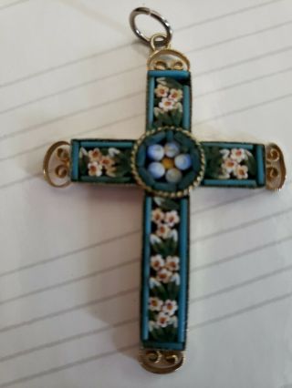 VINTAGE MICRO MOSAIC 2 1/4” CROSS NECKLACE PENDENT 3