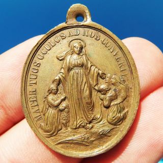 Large Miraculous Blessed Virgin With Childrens Medal Old Catholic Charm Pendant