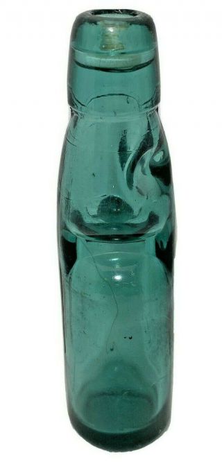Codd Neck Blue Green Glass Soda Bottle With Green Marble Stopper 7.  75 " H Vintage