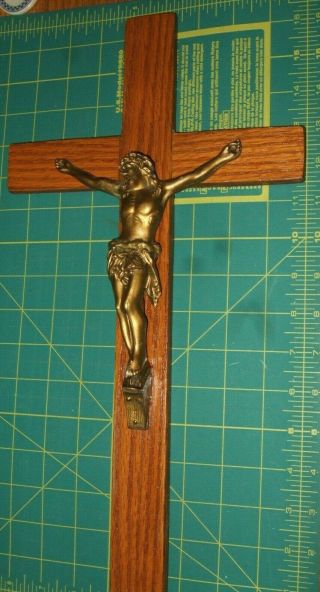 Vintage 16 " Catholic Church Wooden Crucifix Cross Wall Hanging Bronze Jesus Hand