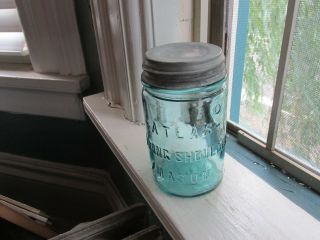 Antique - Atlas - Strong Shoulder Mason Aqua Glass Pint Fruit Jar,  Zinc Lid
