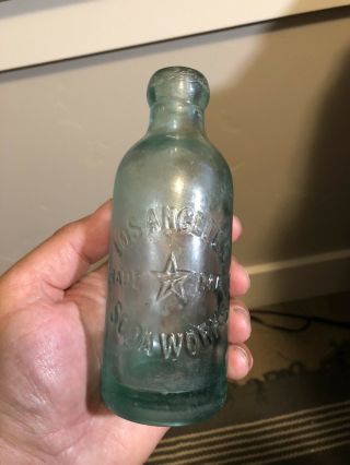 Los Angeles Soda Hutch Soda Bottle.  Hutchinson Thick Glass Aqua