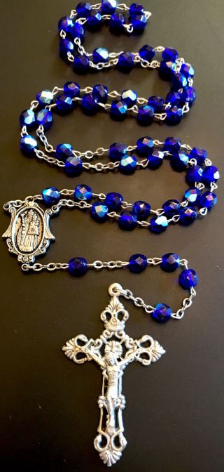 Vintage Catholic Iridescent Blue Crystal Rosary,  Silver Tone Crucifix Italy