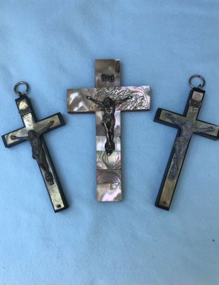 3 Antique Vintage Mother Of Pearl Crucifix Cross Wood