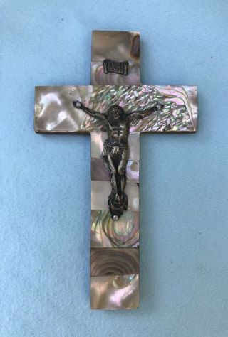 3 Antique Vintage Mother of Pearl Crucifix Cross Wood 2