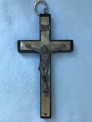 3 Antique Vintage Mother of Pearl Crucifix Cross Wood 3
