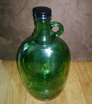 Green Glass Half Gallon Jug With Finger Handle And Screw - Top Lid.  Vintage Bottle