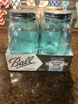 Ball Limited Edition 32 Oz Mason Jars - Aqua Blue - Set Of 4 - Nip