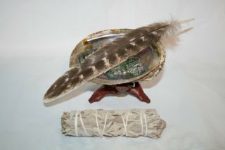 Smudge Kit: Medium Abalone Shell With Tripod Stand,  White Sage Stick & Feather