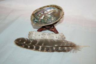 Smudge Kit: Medium Abalone Shell with Tripod Stand,  White Sage Stick & Feather 2
