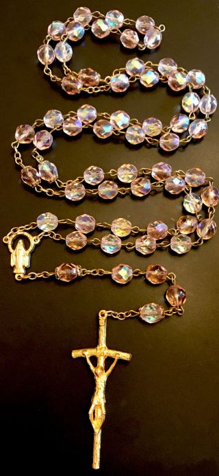 Vintage Catholic Iridescent Pink Crystal 5 Decade Rosary,  Crucifix,  Italy