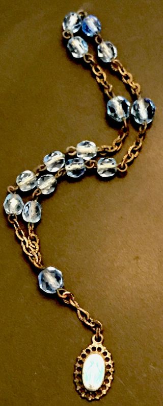 Vintage Catholic Blue Crystal Chaplet,  Blue Enamel Miraculous Mary Medal