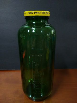 Vintage 9 " Tall Anchor Hocking Green Glass 40 Ou.  Water Juice Bottle With Lid