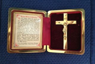 Vtg.  Religious Prayer Before A Crucifix,  Leather & Brass,  Intention,  Catholic