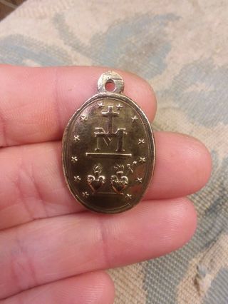ANTIQUE GERMAN BRONZE POWERS OF MARY SACRED HEART MEDAL 3