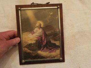Vintage Wood Metal And Glass Frame With Picture Of Jesus