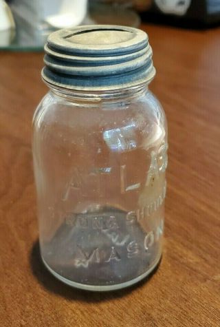 Vintage Atlas Strong Shoulder Mason Jar Bank 3.  5 " With Lid