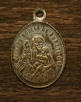 Antique religious bronze medal pendant our holy lady of Montaigu Saint Joseph 2