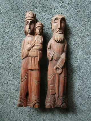 Vintage Hand Carved Wooden Holy Family Mary Holdng Baby Jesus Joseph Holding Key