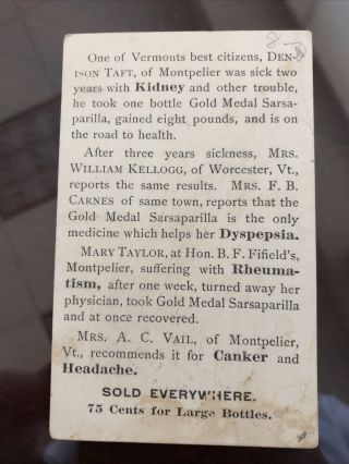 Gold Medal Sarsaparilla Medicine Advertising Card Montpeller Vermont 2