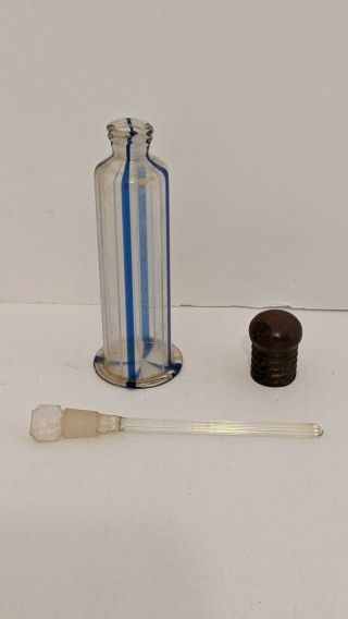 Vintage Small Light Blue Striped Medicine Bottle W/ Glass Dropper And Metal Cap