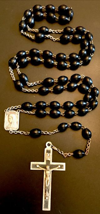 Vintage Catholic Black Ebony Wood 5 Decade Rosary,  Silver Tone Crucifix Italy