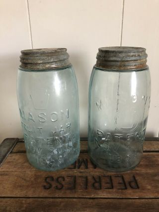 Antique (2) Blue Mason Canning Jars No.  16 And 83