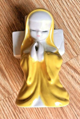 Vintage Ceramic Praying Nun On Cross Flower Holder Wall Hanger Yellow Hand Paint