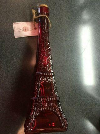 Vintage Red Glass Eiffel Tower Bottle With Cork Stopper - W Tags 10 3/4 " Tall