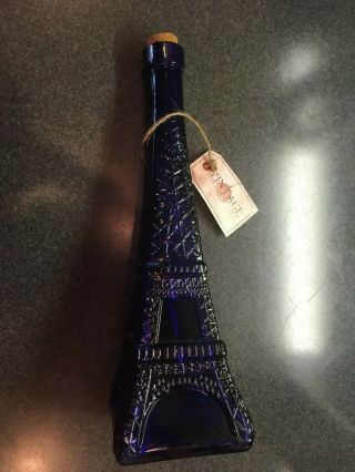 Vintage Cobalt Blue Glass Eiffel Tower Bottle With Cork Stopper - W Tags