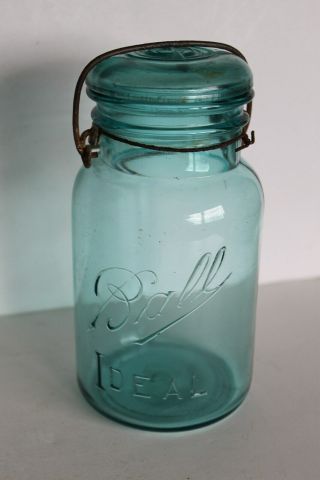 Vintage Ball Ideal Blue Quart Canning Jar Wire Bail 2 And Glass Lid