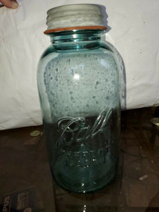 Vintage 1900s Blue Ball Perfect Mason 1/2 Gallon Canning Jar W/zinc Lid 9 (b60)