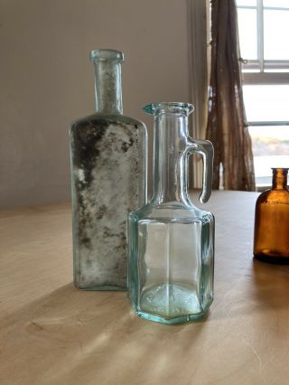 Set Of Two Antique Aqua Glass Bottles