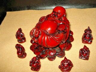 Laughing Buddha Set Of 7 Red Resin One 3 1/2 " Tall,  Six 1 " Tall