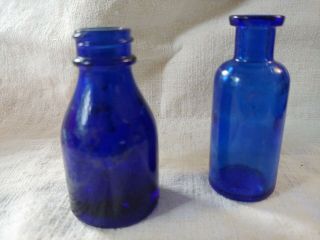 Antique Vintage Cobalt Blue Bottles Apothecary Round & Vicks Nose Drops (2)