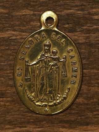 Antique Spanish religious bronze medal pendant our lady of the Rosary 2