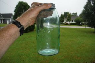 Ball Mason Aqua 1/2 Gallon Fruit Jar - Old (bubbles) - Mold Defect On Bottom.