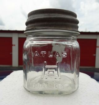 Vintage Atlas Mason Half 1/2 Pint Canning Jar With Zinc Lid