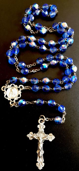 Vintage Catholic Iridescent Blue Crystal 5 Decade Rosary Pewter Crucifix
