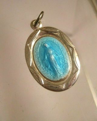 Vintage Sterling Silver Blue Enamel Miraculous Mary Medal 15/16 "