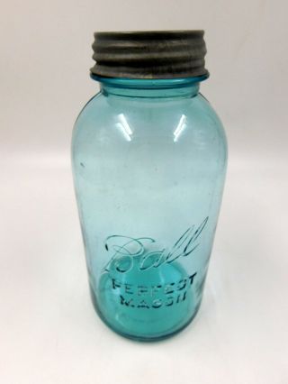 Vintage 1923 - 1933 1/2 Gallon Blue Ball Perfect Mason Canning Jar Zinc Lid 7