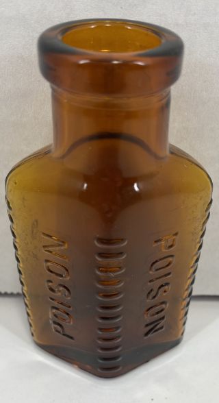 Antique Amber Color Poison Glass Bottle With Safety Bumps,  3 Sided