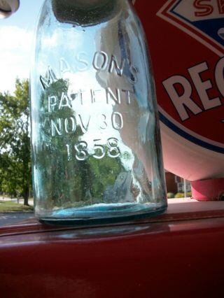 Vintage Mason Patent Nov 30,  1858 1/2 Gallon Blue Fruit Jar With Zinc Lid,  Old
