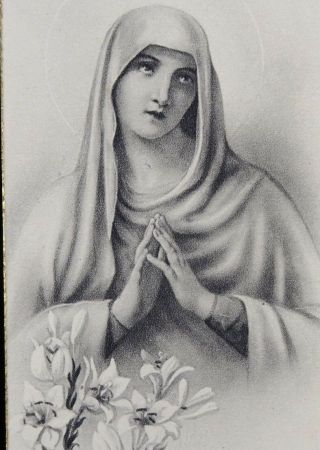 Vintage Holy Card Virgin Mary With Lilies Black And White Rounded Egdes Italy