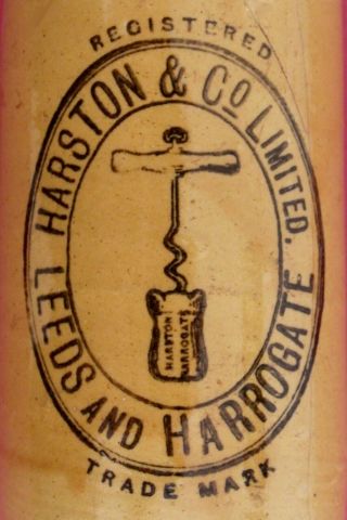 Vintage 1900s Harston Leeds & Harrogate Corkscrew Pic Stone Ginger Beer Bottle