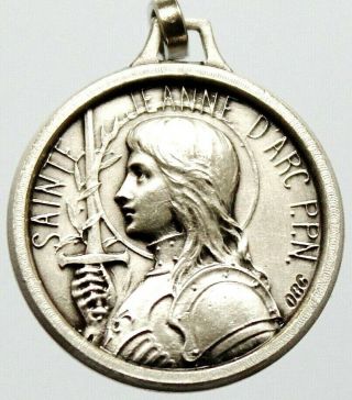 Antique Religious Art Pendant Saint Joan Of Arc & Heraldry