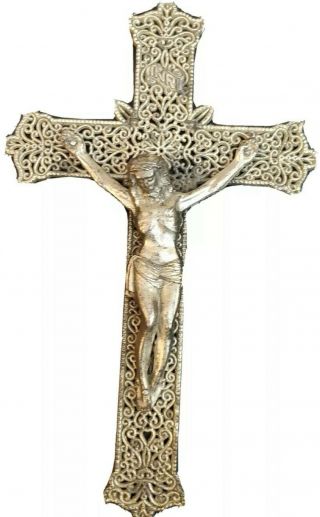 Vintage Jesus Christ Cross Crucifix Inri Art Noveau 9 Inch Metal Made Antique