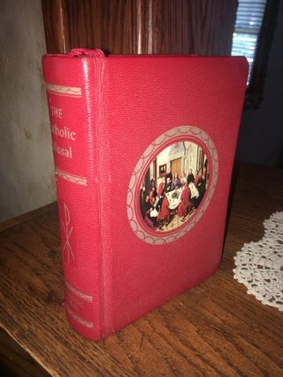 Vintage The Catholic Missal,  1955 Vintage Red Leather Hard Cover Book Gilt Pages